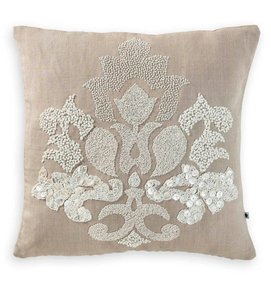 hand embroidered printed cushion in pewter color