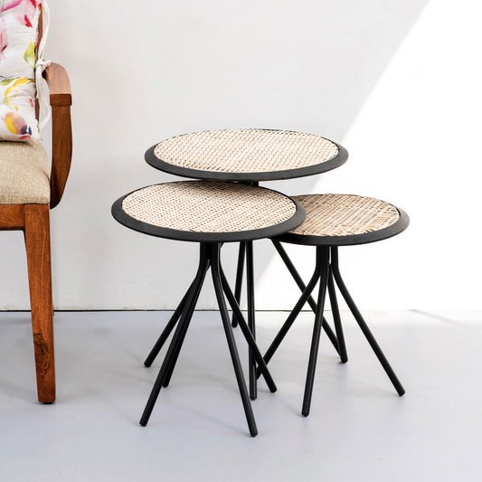 Earthy Cane Side Table Set | Sustainable Round End Table Set of 3