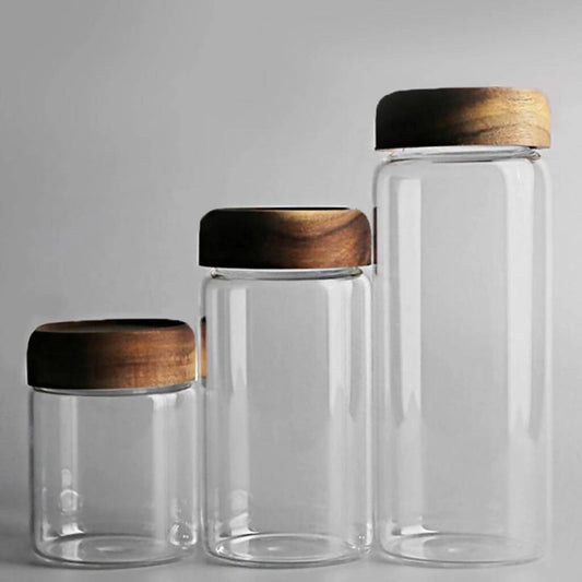 Glass Round Airtight Container With Wooden Lid - Set Of 3