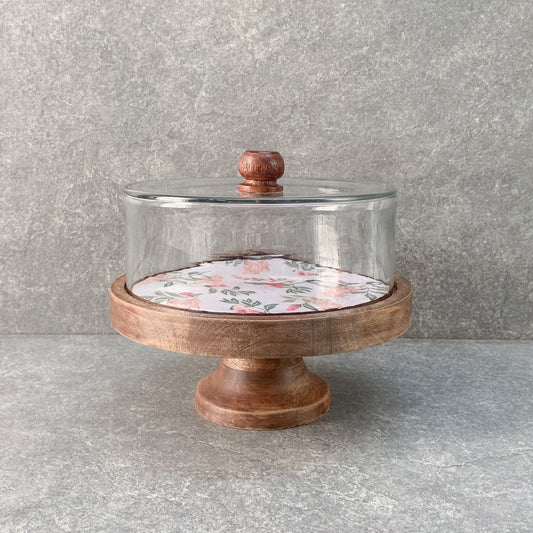 Camryn Glass Dome and Mango Wood Cake Stand