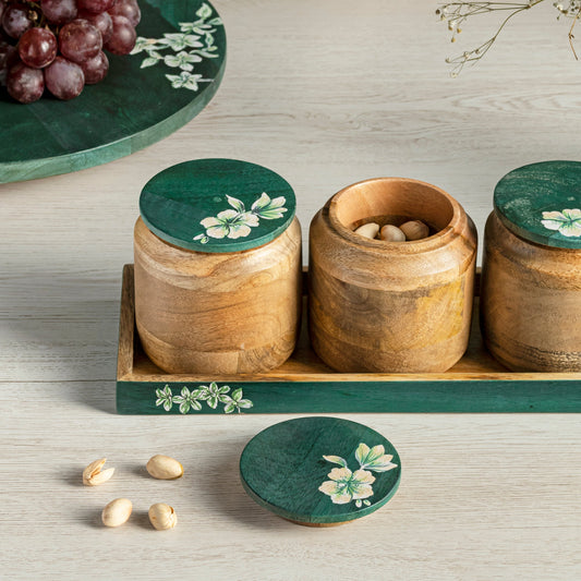 Wooden serving tray and wooden jars