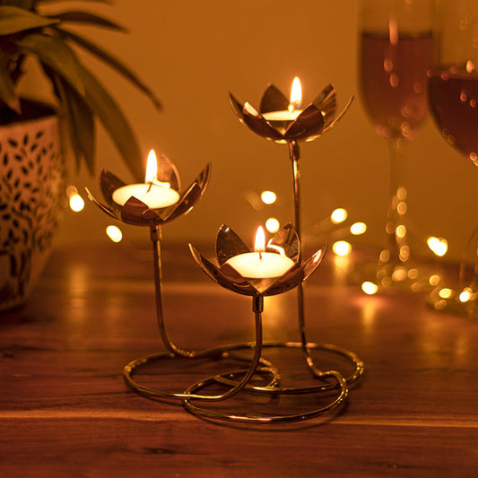 Lotus Cluster Tea Light Holders | Brass Lotus Candle Holder | Festive Decor Item