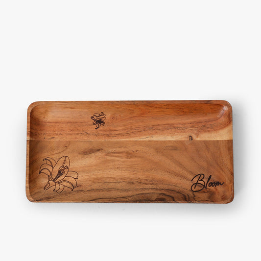 Rustic Bloom Wooden Serving Tray for Home & Kitchen | Decorative Coffee Table Tray