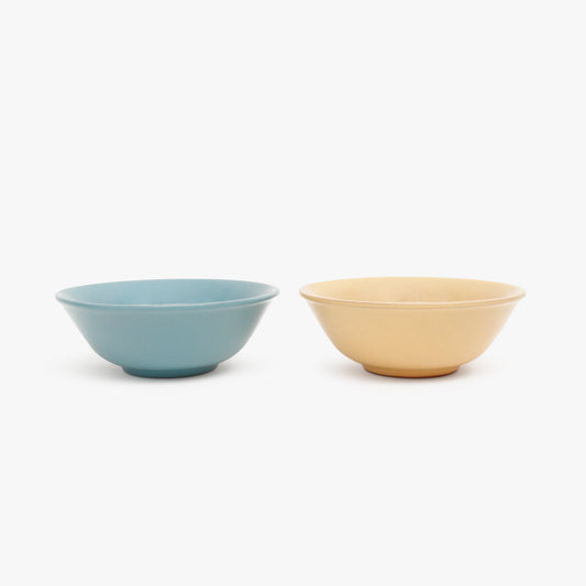 blue and yellow terracotta bowls