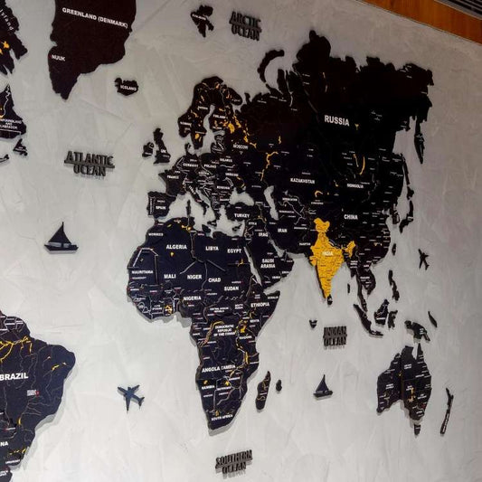 Wooden 3D World Map Wall Art Black & Yellow