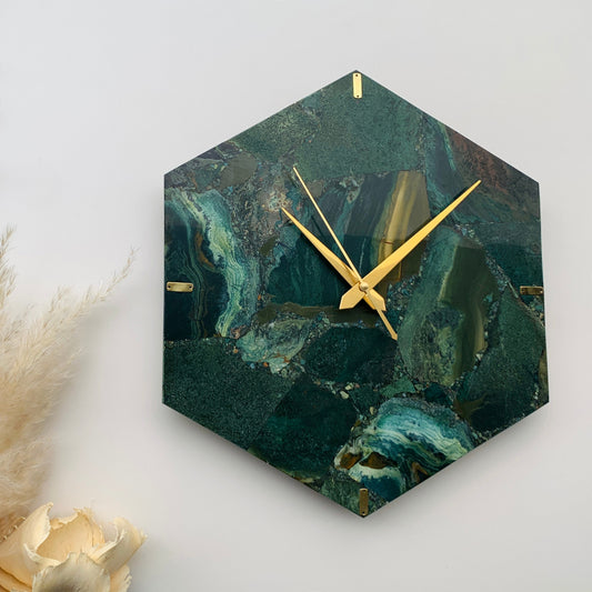 Moss Agate Hexagon Wall Clock | Designer Wall Clock for Living Room
