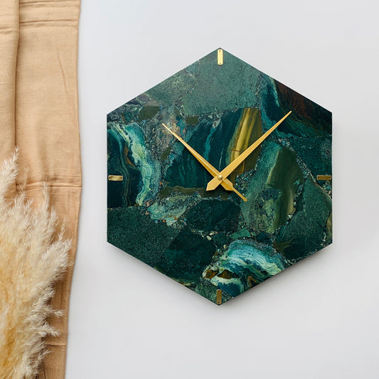 Moss Agate Hexagon Wall Clock | Designer Wall Clock for Living Room