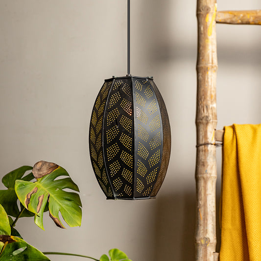 iron black pendant light suspended in a room