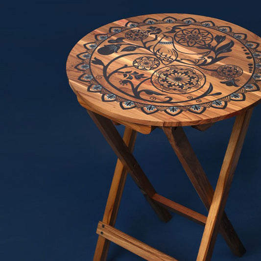 Bird on a Mandala Wooden Folding Table | Round Side Table | Multipurpose Table
