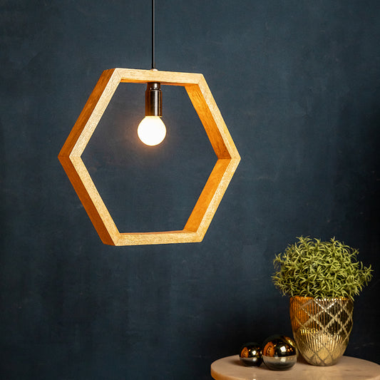 Hexagon-shaped wood pendant light suspended