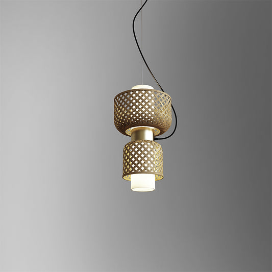 A steel cable suspends a bamboo pendant lamp