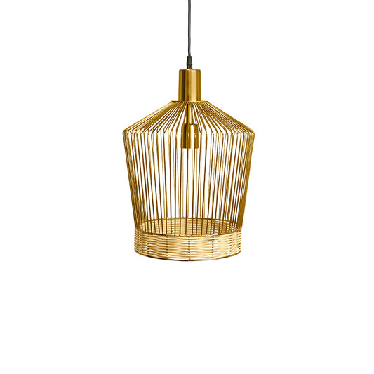 woven bell-shaped iron and rattan pendant light