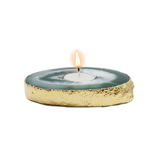 Agate Candle holder - Green | Tea Light Holder - Gold Plated Edges