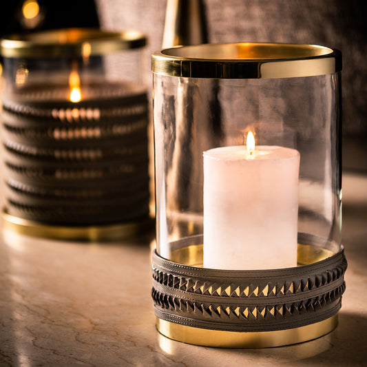 lighted Candle in Hurricane Lantern Grey Woven Leather