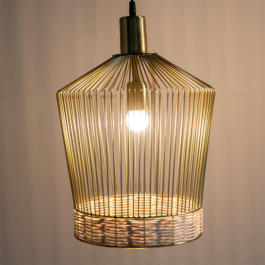 metal wire cage pendant lamp with woven rattan details