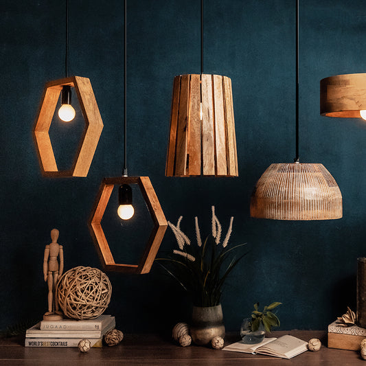 Five distinct wooden hanging lights are present in a room