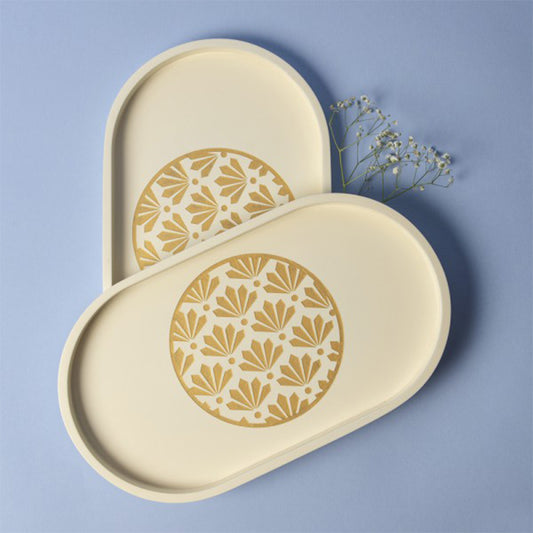 Lotus Carved Designer Tray | Plate For Kitchenware | Off White Oval Tray