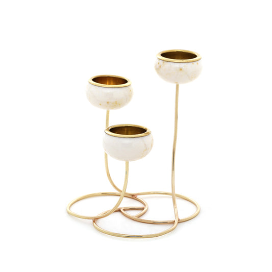 Trilight Tea Light Candle Holders | Festive Decoration Candle Stand | Brass & White Marble