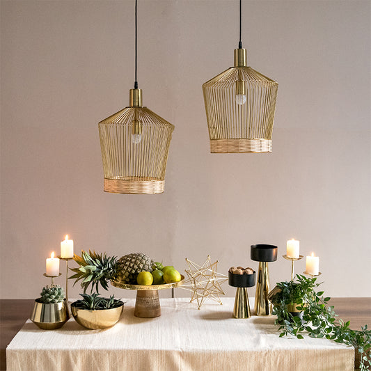 Two bell-shaped iron and rattan hanging lamps