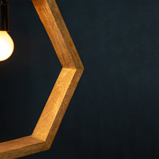 Close up of a hexagonal wood pendant light