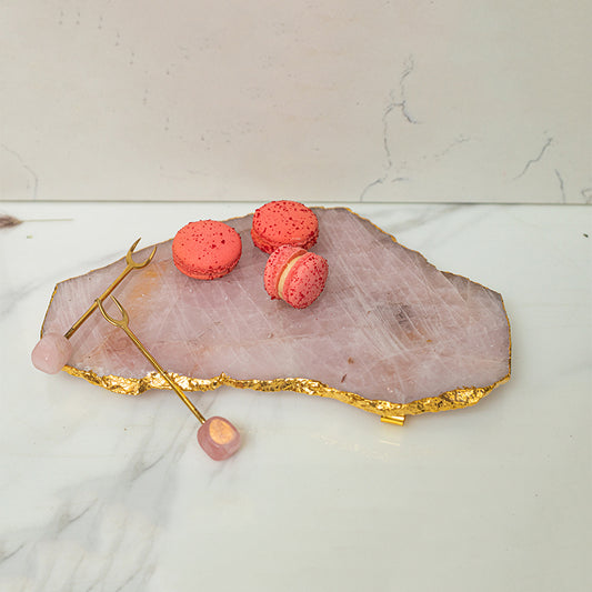 Rose quartz platter with gold plated edges