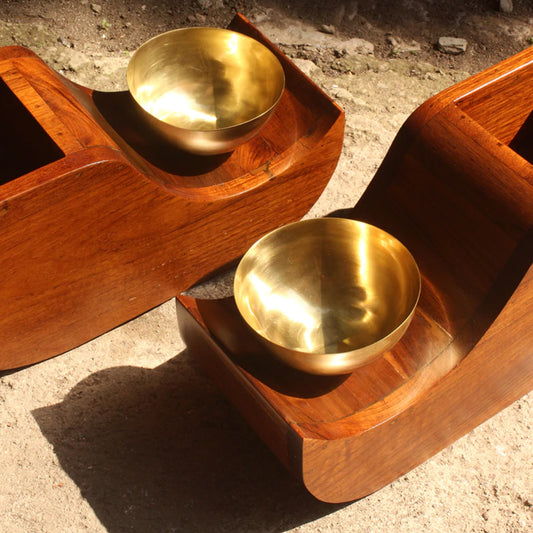close up of Dvi brass and wood planters
