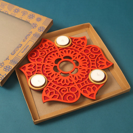 Rangoli Tlight Candle | Festive Decor Candles - MDF & Orange | Gift Item