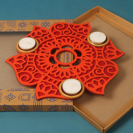 Rangoli Tlight Candle | Festive Decor Candles - MDF & Orange | Gift Item