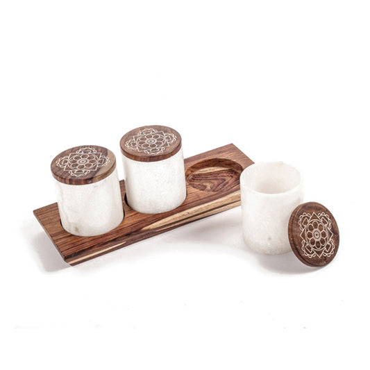Set of 3 Condiment box with wooden tray