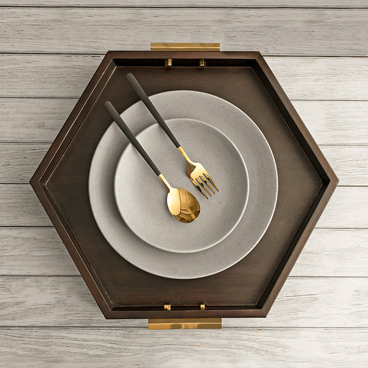 Classic Hex Wooden Tray | Elegant Serving Tray | Gold & Brown
