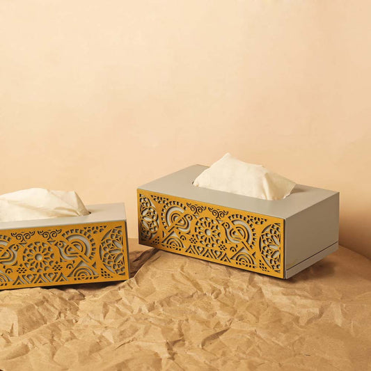 Cutwork Tissue Paper Box | Napkin Holder Box | Tissue Dispenser (Grey & Gold)