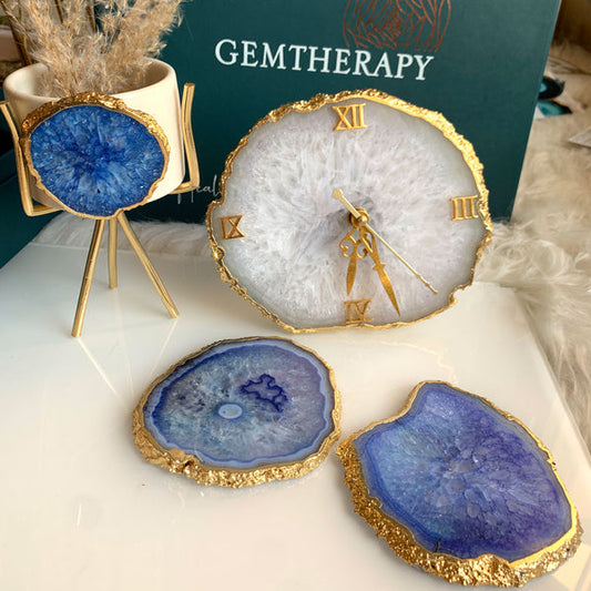 Gemtherapy Decor Gift Set of 4 | Agate Gift Box - Table Clock, Agate Planter & Coaster Set
