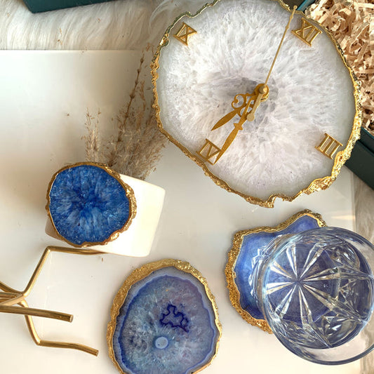 Gemtherapy Decor Gift Set of 4 | Agate Gift Box - Table Clock, Agate Planter & Coaster Set
