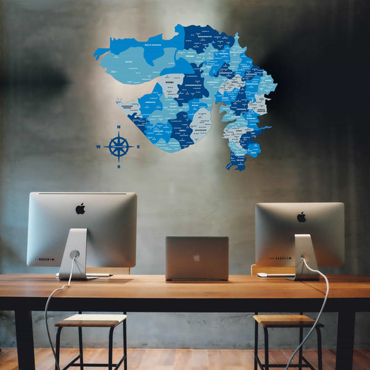 Wooden Gujarat Map with cities for Wall Tory Blue