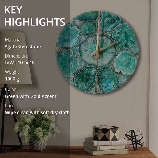 Agate Gemstone Wall Clock | Green Designer Wall Clock - 10"x10"