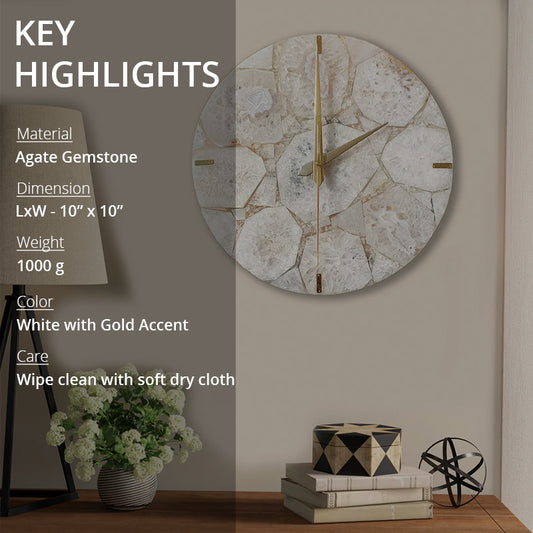 Agate White Clock | Wall Clock for Home & Office | Round Clock - 10"x10"