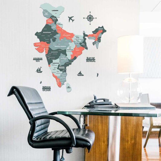 Wood India Map with Cities for Wall Decor Salmon Pink