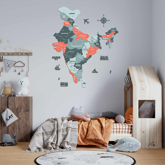 Wood Cities in India Map for Wall Art Salmon Pink