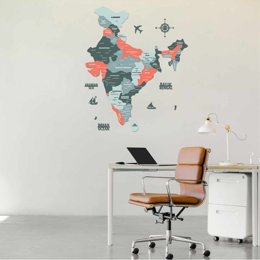 Wood India Map with Cities for Wall Art Salmon Pink