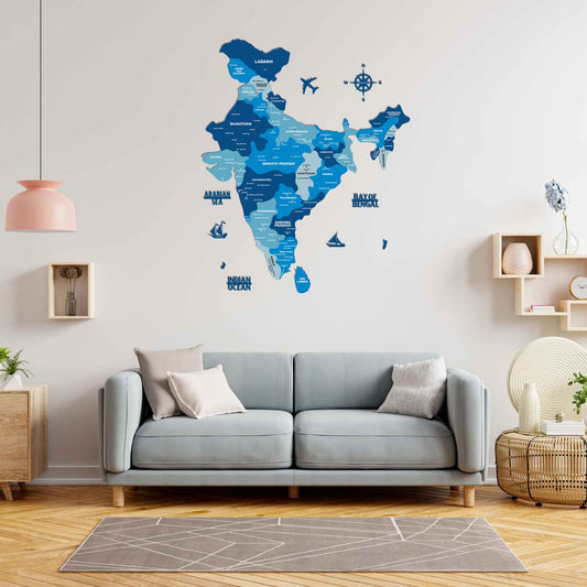 Tory Blue Wooden India Map for Wall | Wood Map of India | Wooden India Map with States and Capitals
