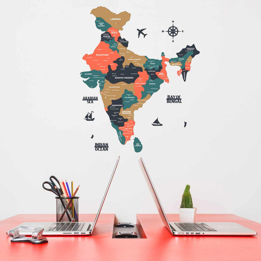 Tortila Wooden India Map for Wall | India map Wall Art | Colored Map of India