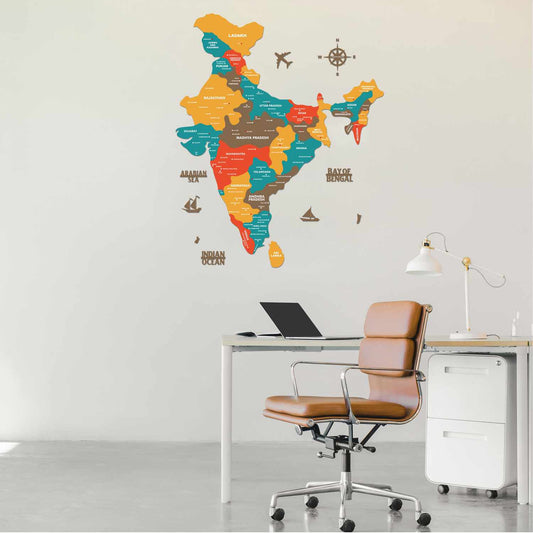 Wooden Cities in India Map for Wall Saffron