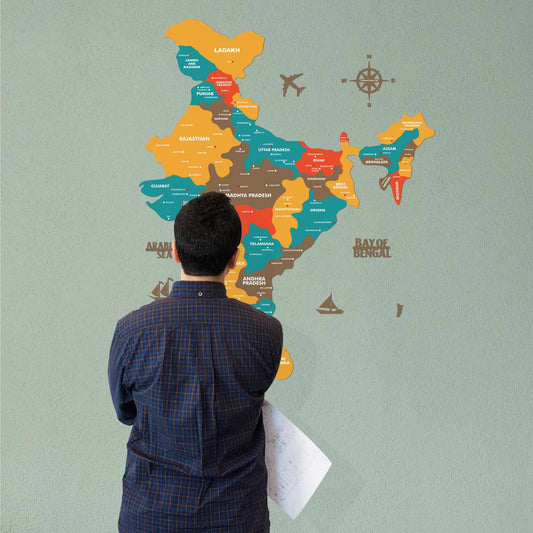 Wooden Map of India for Wall Art Saffron