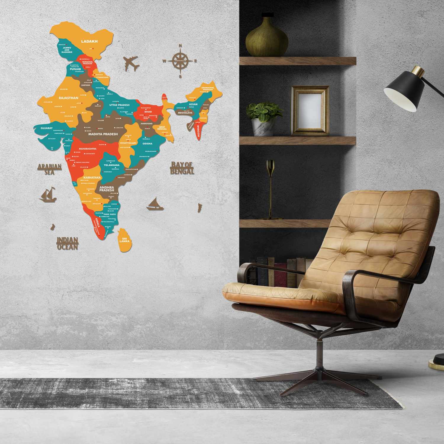 Buy Wooden India Map with Cities for Wall - Saffron | Arcedior