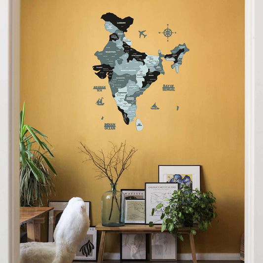 Black and Grey Wood Map of India | India Map for Wall | India Map with States