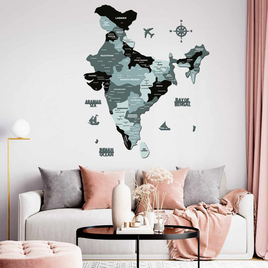 Black and Grey Wood Map of India | India Map for Wall | India Map with States
