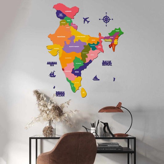 2D Wooden Map of India Colored