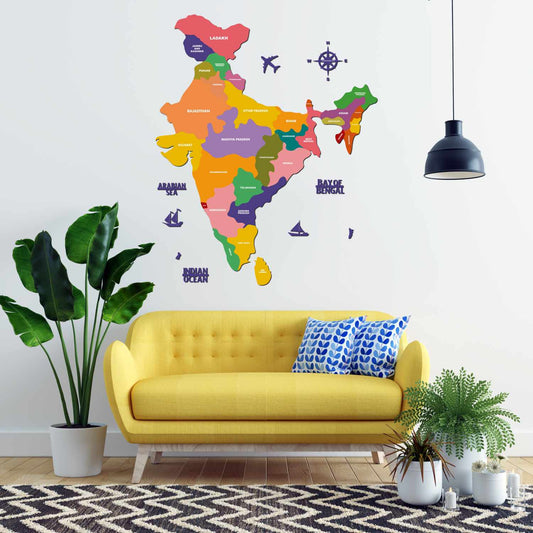2D Wood Map of India Colored