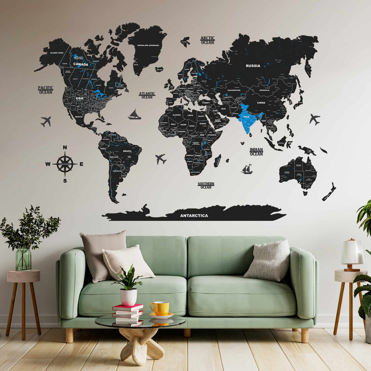 Buy 2D Wooden World Map for Wall - Black & Blue | Arcedior