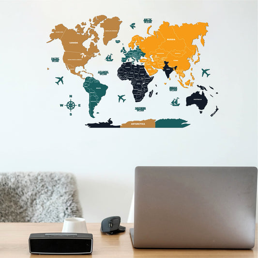 2D Wooden world map with countries